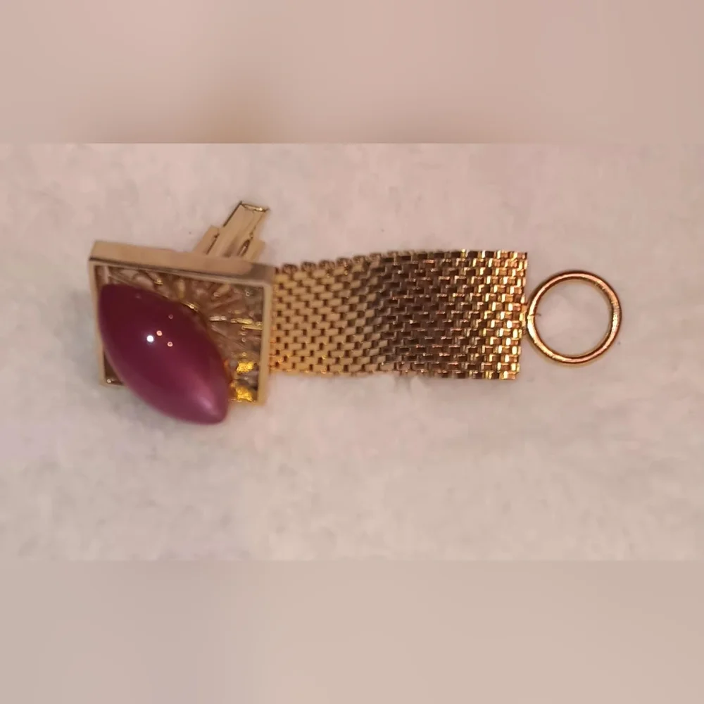 Vintage Gold-Tone Cuff Links Tie Tack with Pink Cabochons